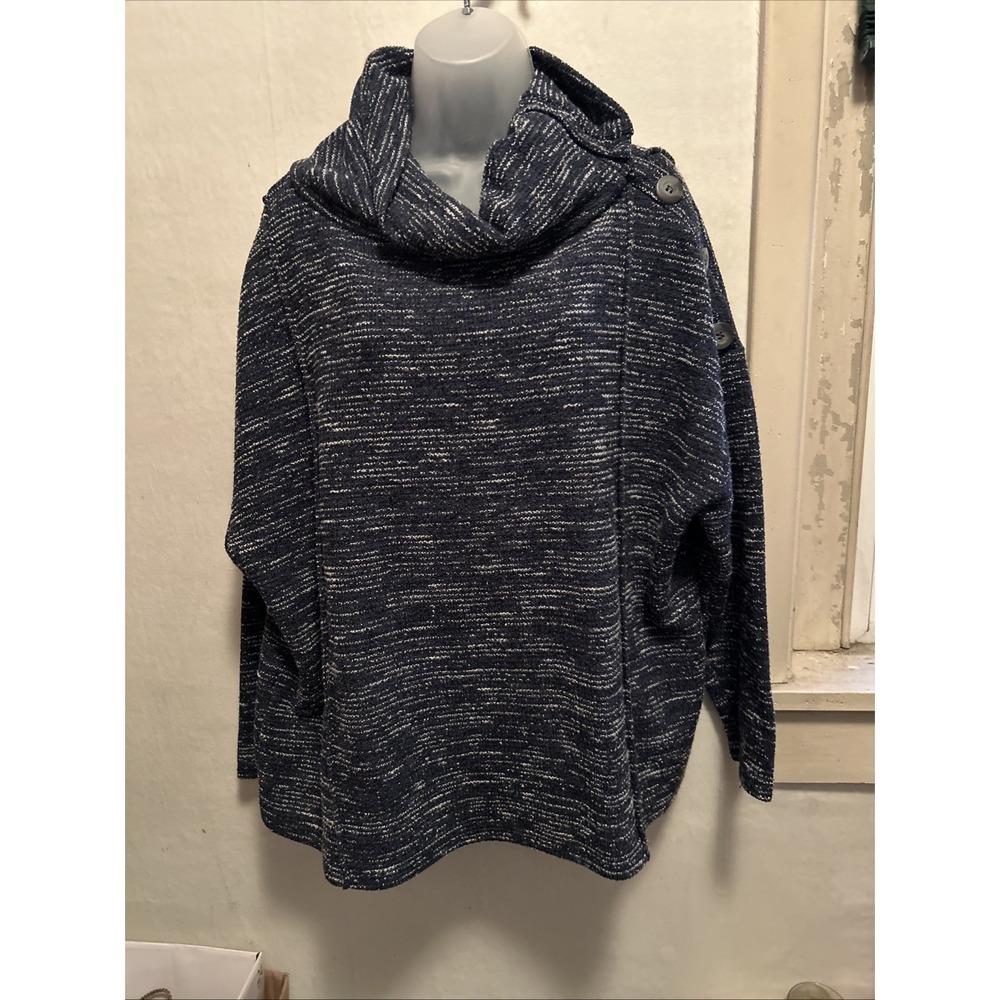 LEE Cozy Pullover Cowl Neck 1X Blue Marbled Top Shirt Warm 16/18 Button Shoulder